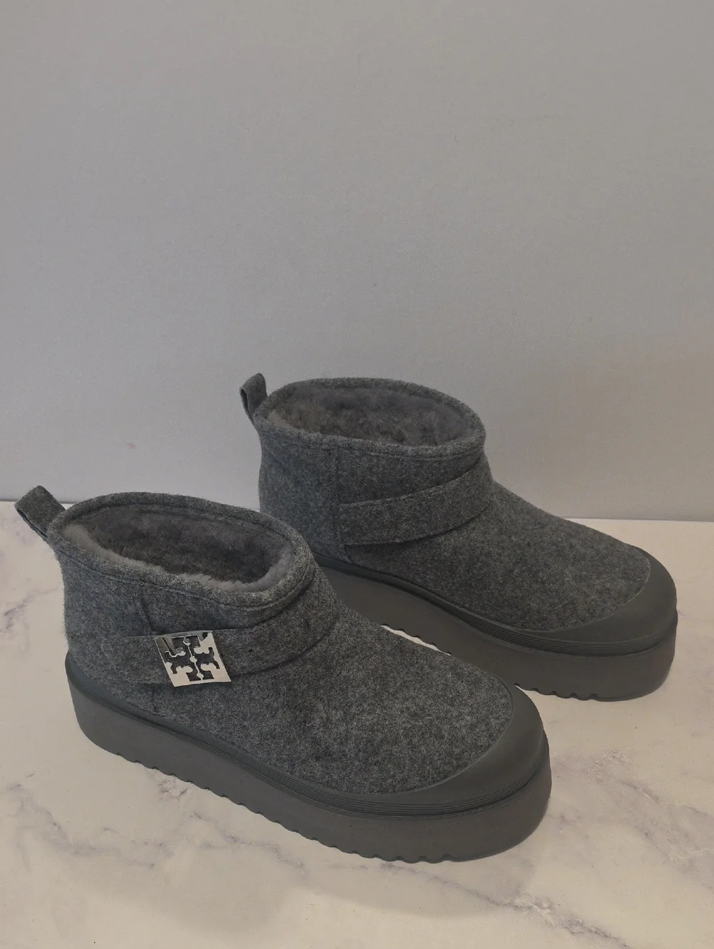Tory Burch Gray Fleece-Lined Winter Ankle Boots Brand New